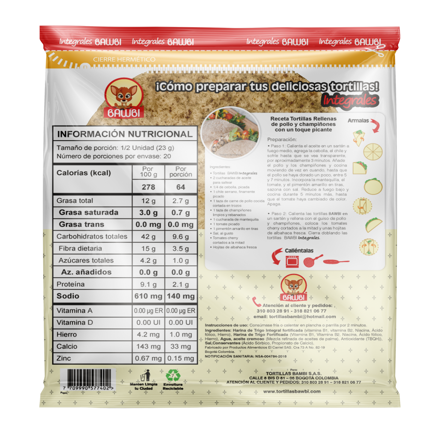 Tortillas Harina de Trigo Integral Bawbi® L 10 Und 450g